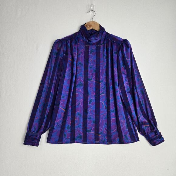 VTG Stuart Lang Blouse Sz 14 Purple Geo Print High Neck Long Sleeve Secretary - Picture 16 of 16